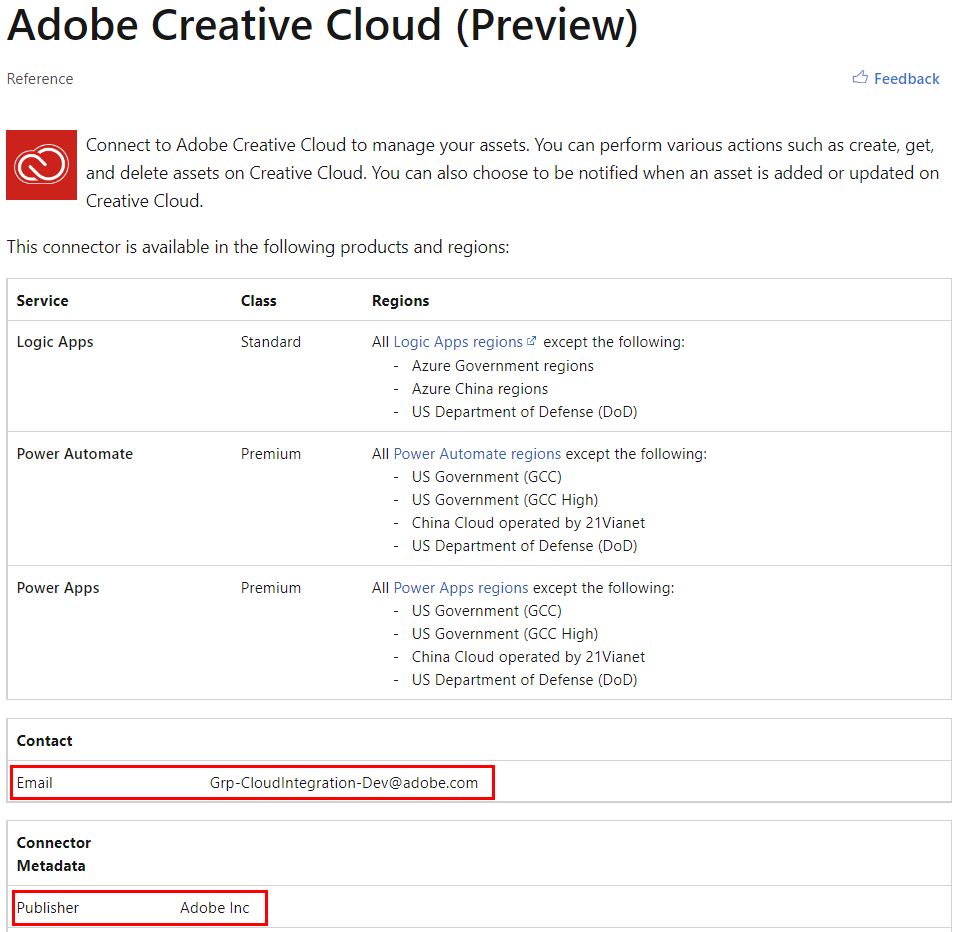 Screenshot of where to find the contact email and publisher in the Adobe Creative Cloud' (Preview) connector.