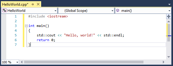 The default Hello World code provided by the Console App template project in the IDE. The code consists of #include iostream and a main() function that contains the line: std::cout << "hello world!\n"; followed by return 0; Screenshot of the Hello World code in the editor.
