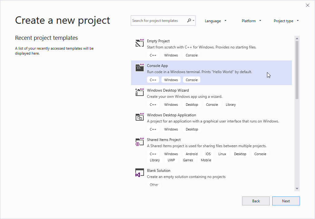 Screenshot of the Visual Studio Create a new project dialog. The Console App template option is highlighted.