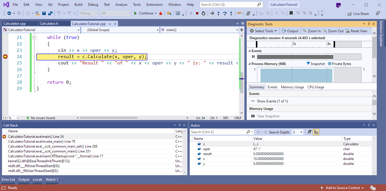 Screenshot of Visual Studio editor. Program execution halted at the conditional breakpoint on the line: result = c.Calculate(x, oper, y);.