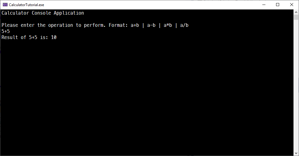 Screenshot of a command window showing the results of running the program.