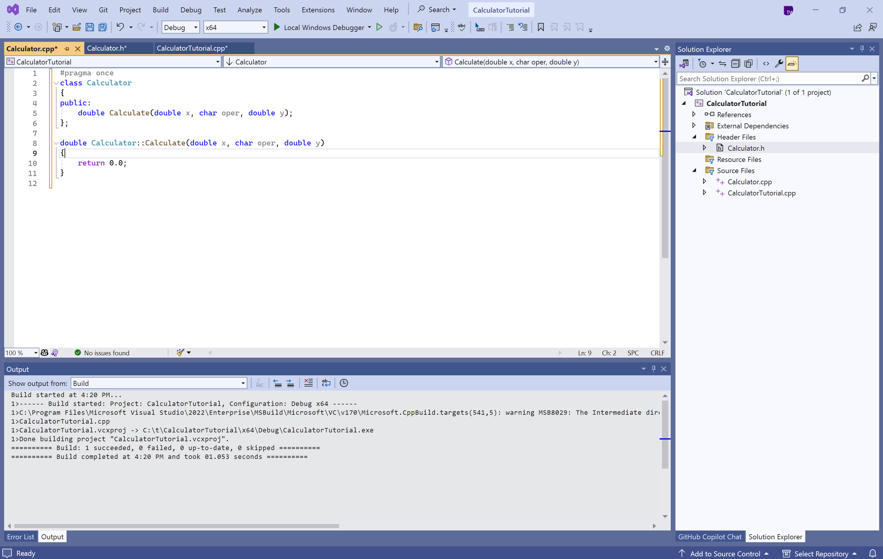 Screenshot of the Visual Studio editor showing the definition of the 'Calculate' ctor function.