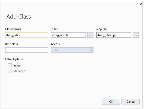 Screenshot of the Add New Class dialog. It has fields for the class name, accessibility, files to put the declaration and implementation, and so on.