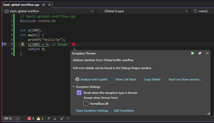 Screenshot of the debugger showing a global buffer overflow error.