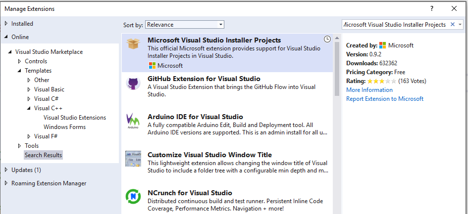 Name the client project The Manage Extensions dialog showing the Visual Studio setup project extension.