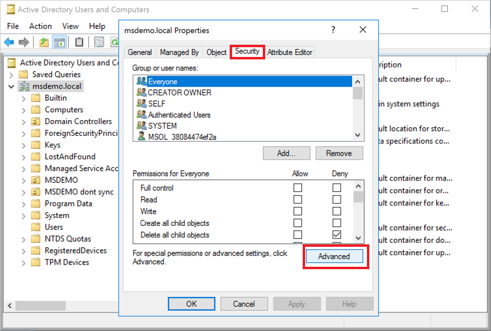 Screenshot of the advanced security properties dialog.