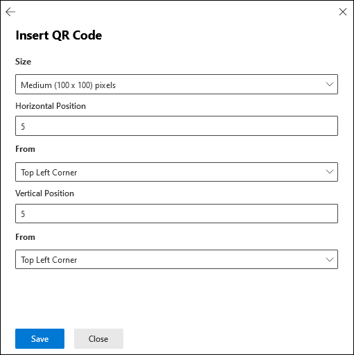 The Insert QR code flyout from the Configure payload page of the new payload creation wizard.