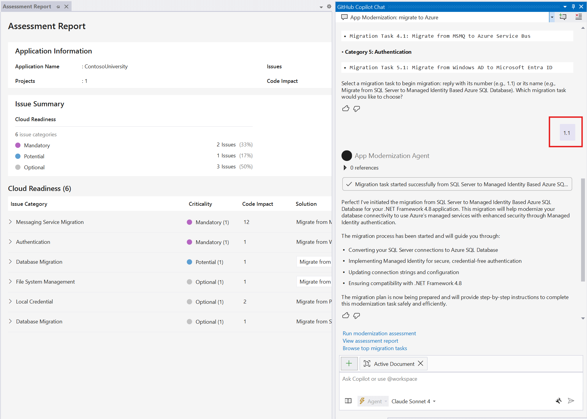 Screenshot of sending a message in Copilot Chat to start a migration task.