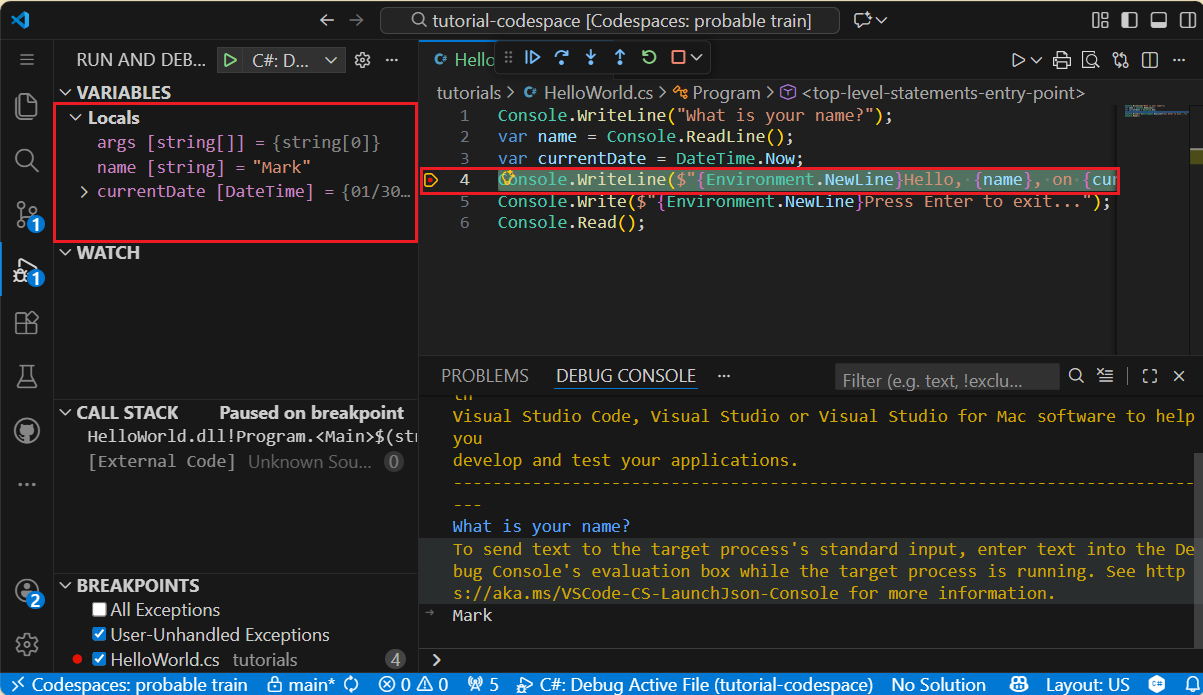 Breakpoint hit, showing Locals