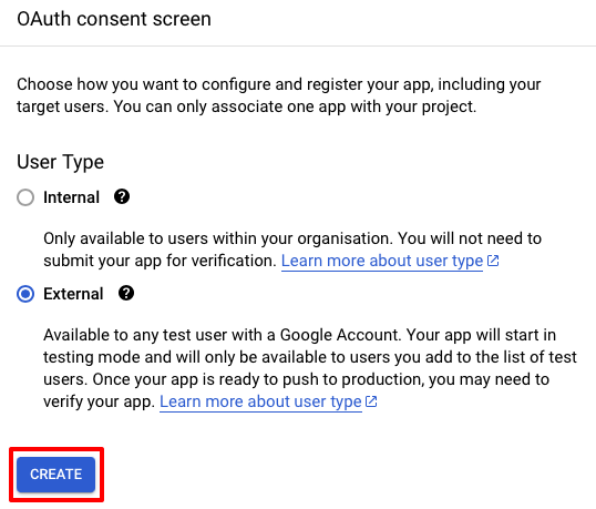 Screenshot of selecting the user type for the OAuth consent screen.