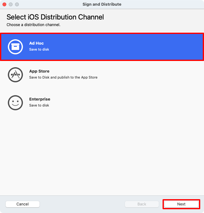 Screenshot of selecting a distribution channel in the distribution dialog.