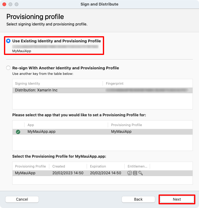 Screenshot of selecting a signing identity in the distribution dialog.