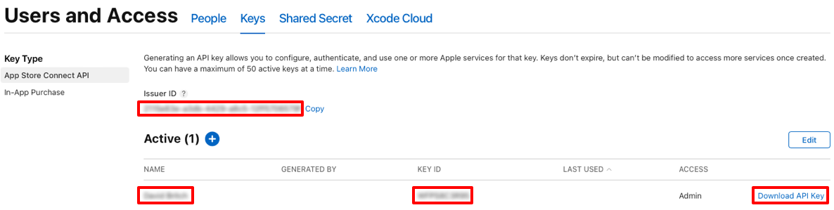 Screenshot of Apple App Store Connect API details.