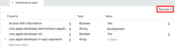 Visual Studio for Mac iOS entitlements editor source view.