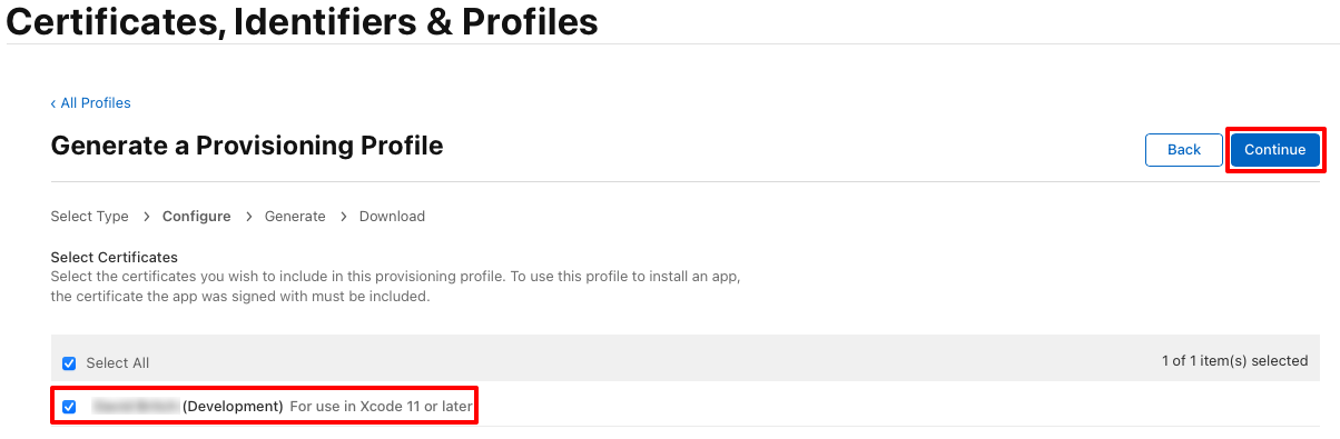 Select your development certificate.