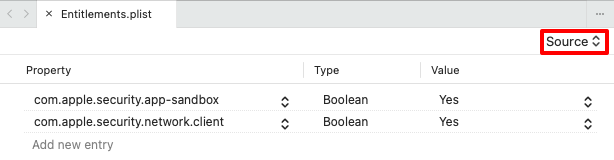 Visual Studio for Mac iOS entitlements editor source view.