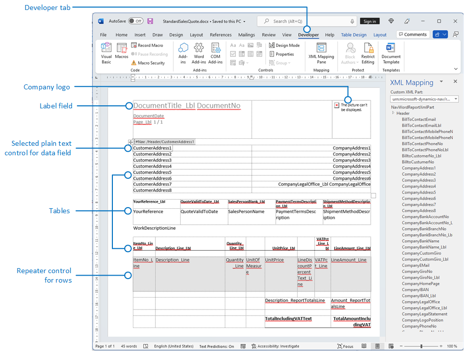 Example of a word report layout document for Business Central.