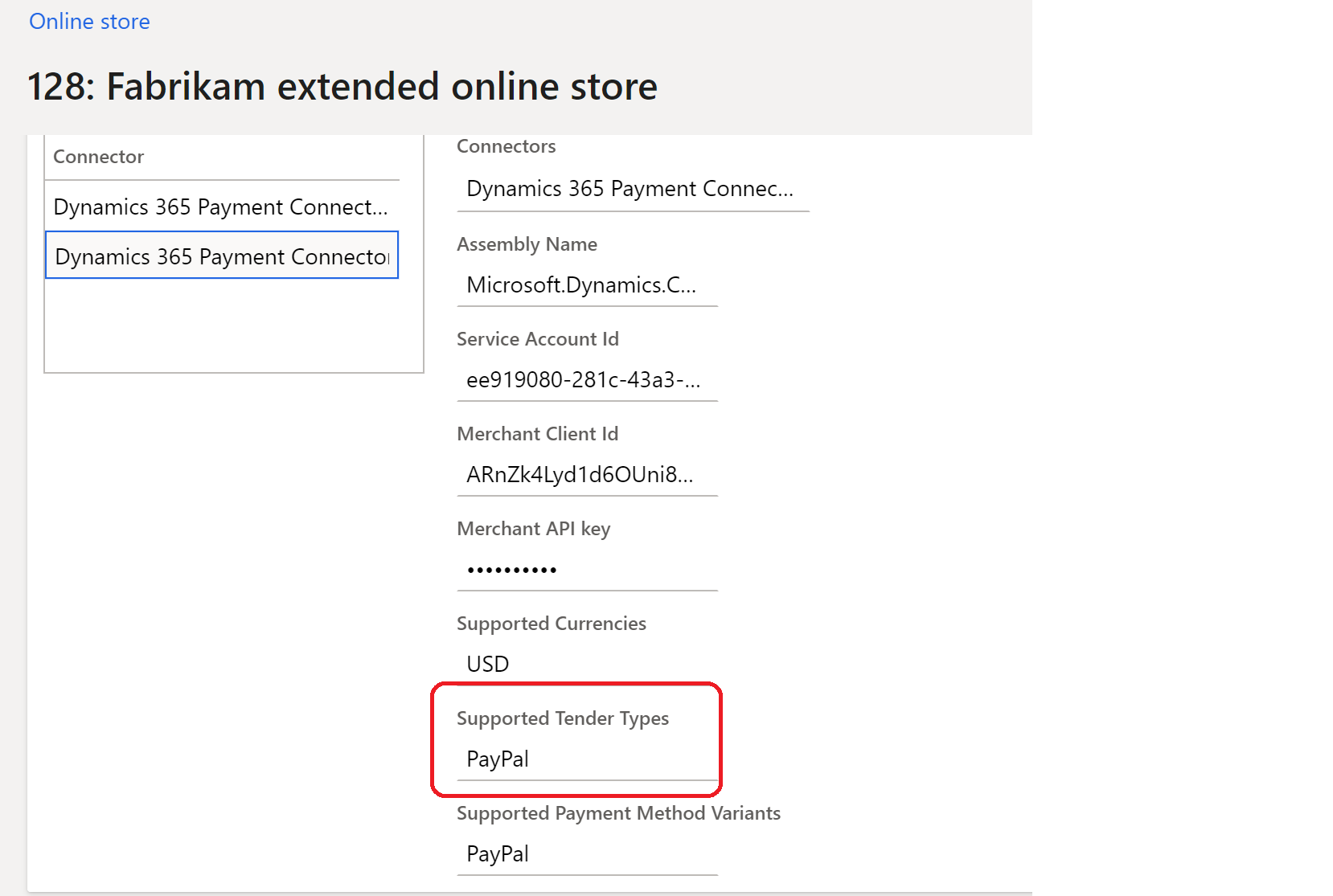 Example of supported tender types in Commerce headquarters.