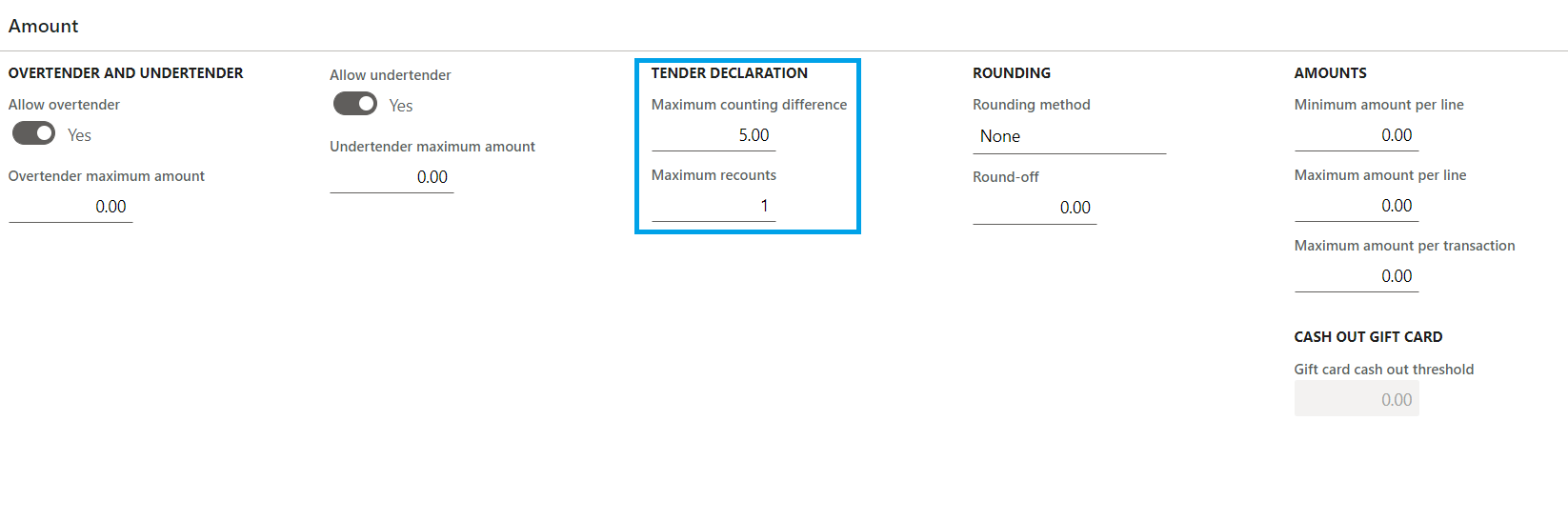 Example payment method setup for amounts.