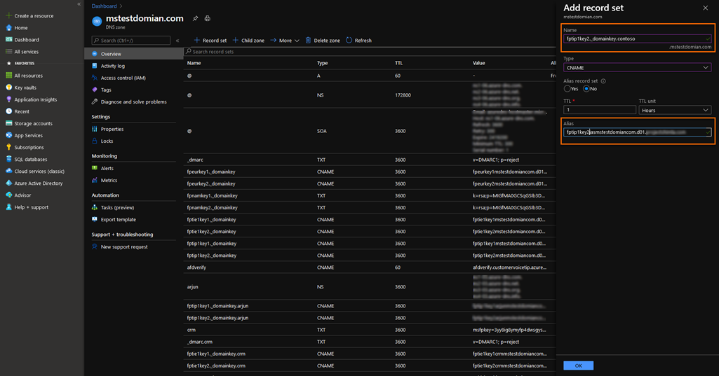 Add CNAME alias and address in Microsoft Azure.