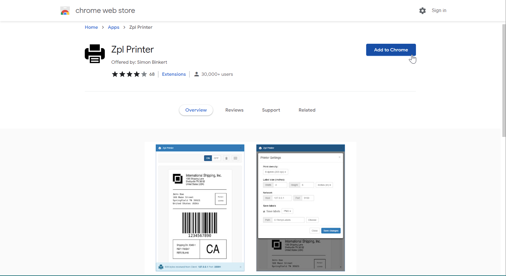 Adding the printer emulator application to the Chrome web browser from the Chrome web store.