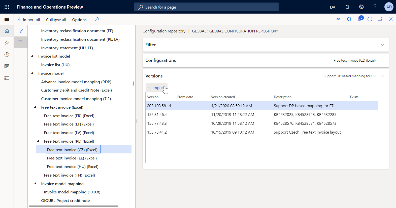 Configuration repository page, Configurations FastTab.