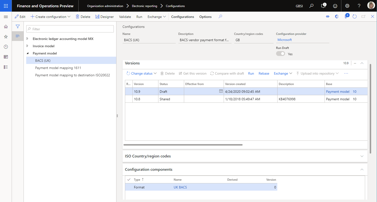 ER Configurations page offering access to the configuration's version in the Draft status.