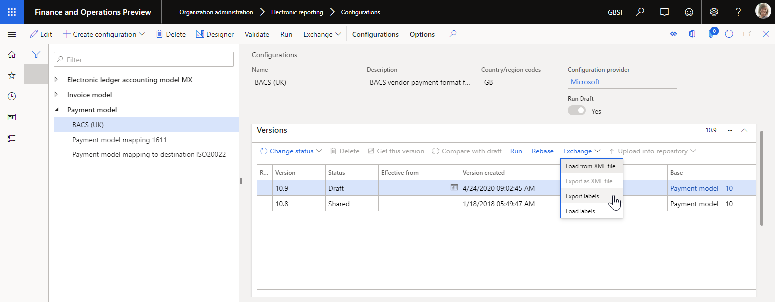 ER Configurations page allowing to export ER labels from the selected conviguration version.