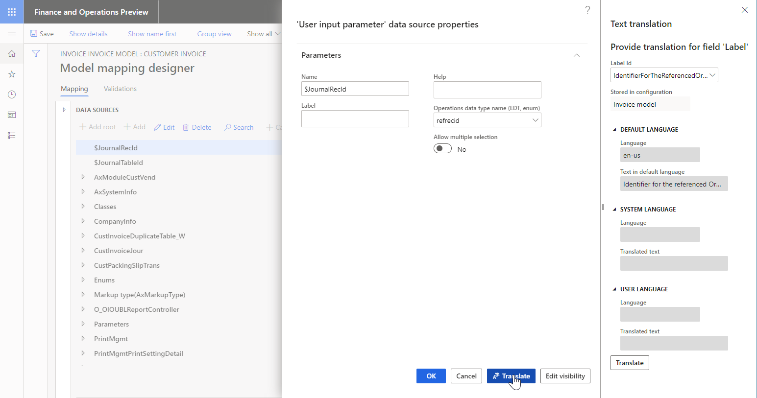 Reviewing provided translation of an ER label in the ER model mapping designer.