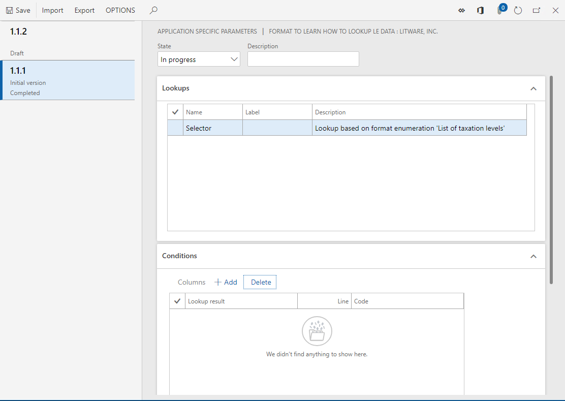 ER application-specific parameters page to set up parameters.