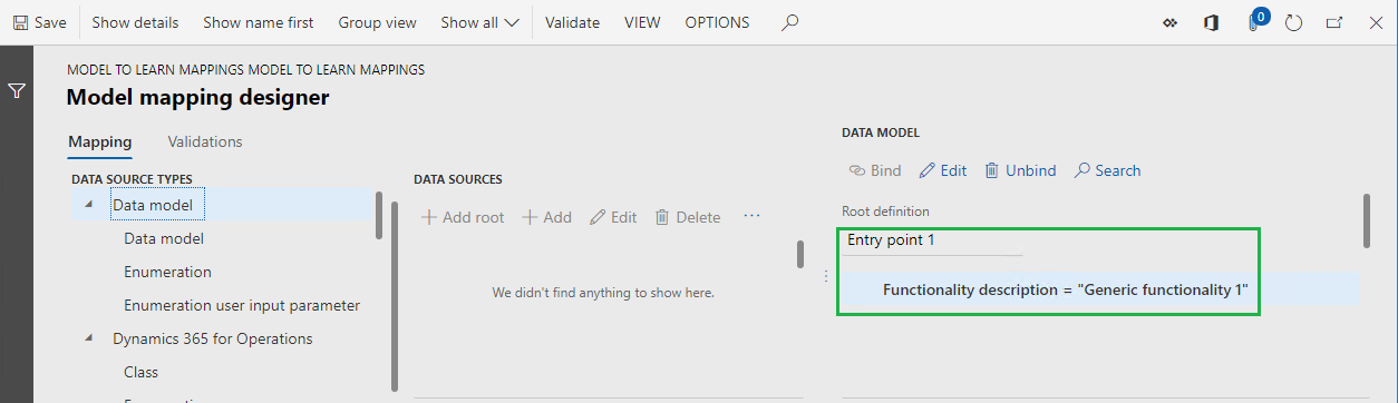 ER model mapping designer page, Entry point 1 definition.