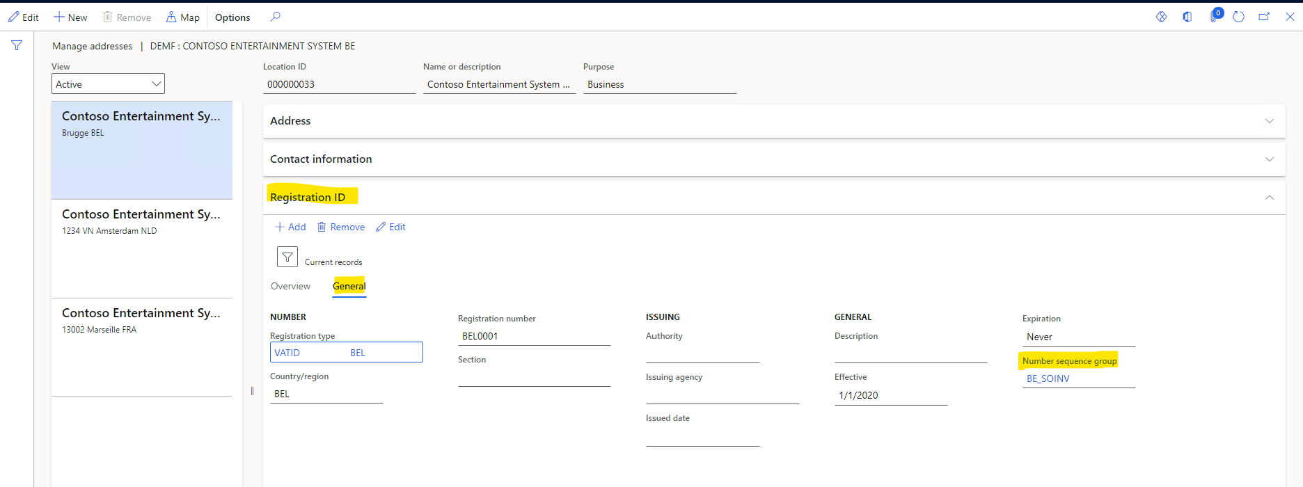 Screenshot of assigning a number sequence group to the VAT ID of a legal entity on the Manage addresses page.