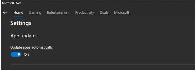 Microsoft Store page, where the Update apps automatically option is turned on Microsoft Store page, where the Update apps automatically option is turned on.
