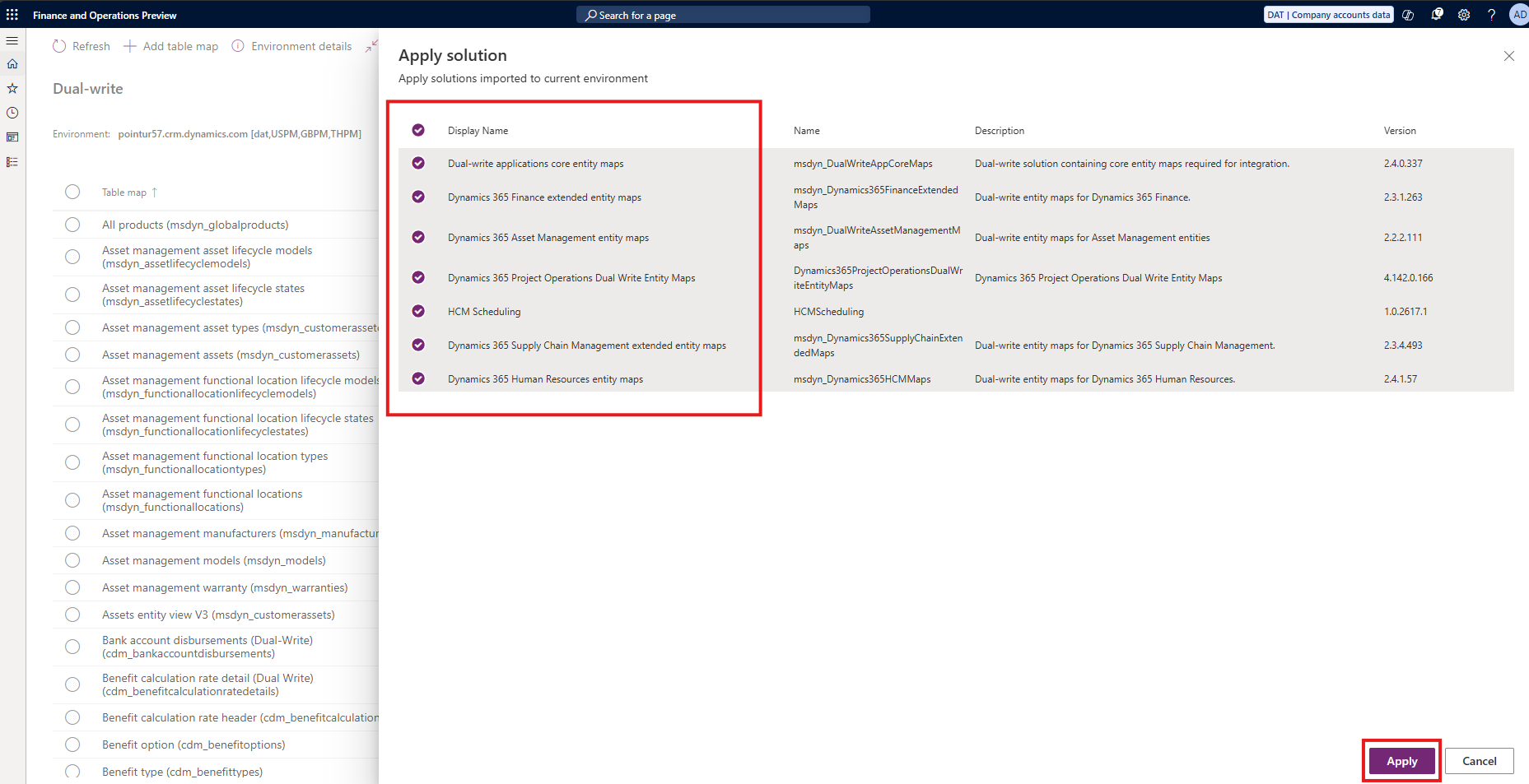Screenshot of the Apply Solutions page in finance and operations apps.