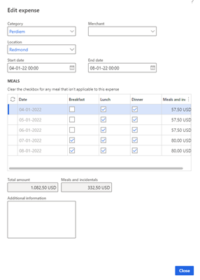 Screenshot of per diem expense where the meal reduction is based on meal type per day.