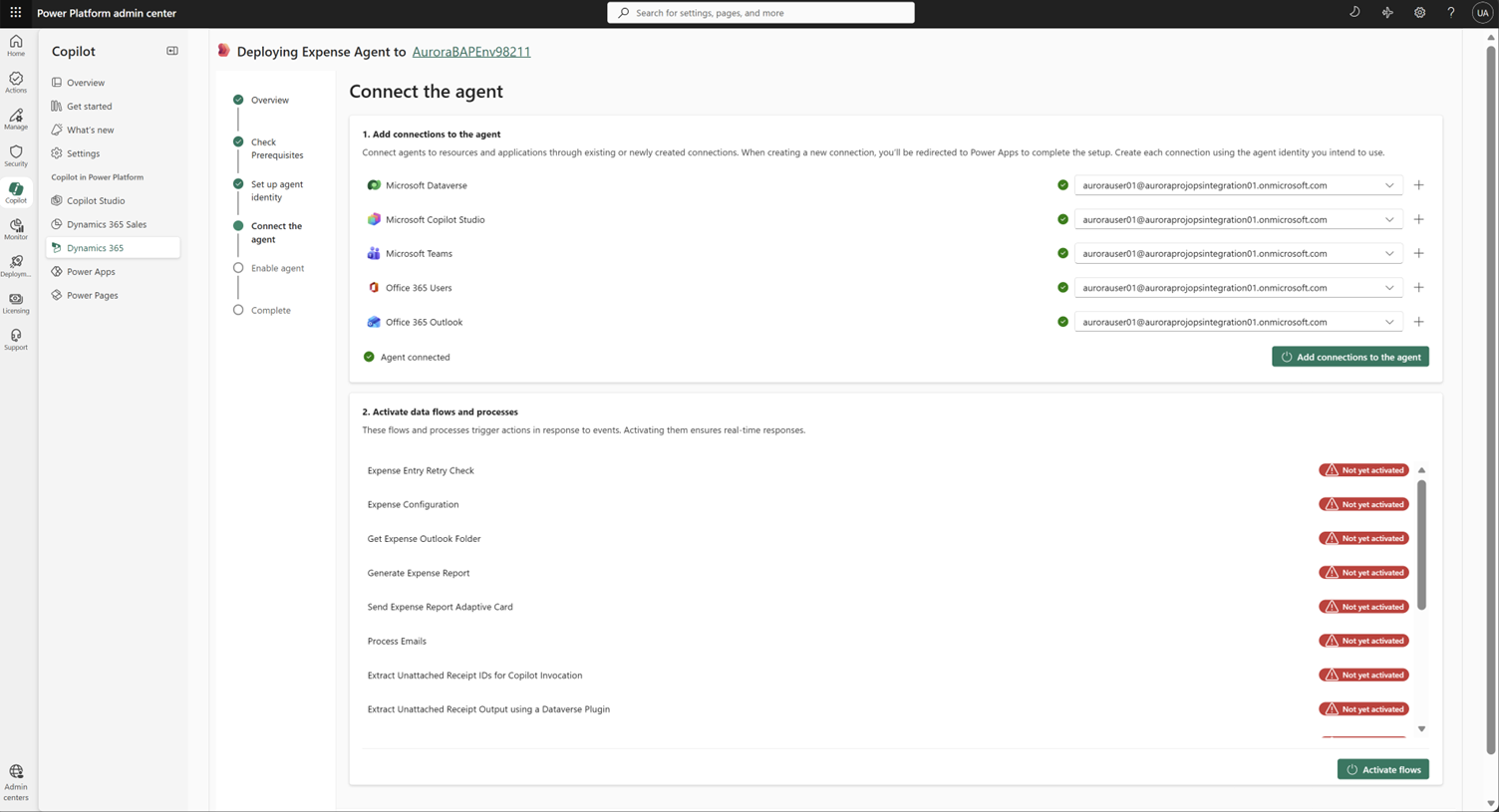Screenshot of successfully adding connections to the agent.