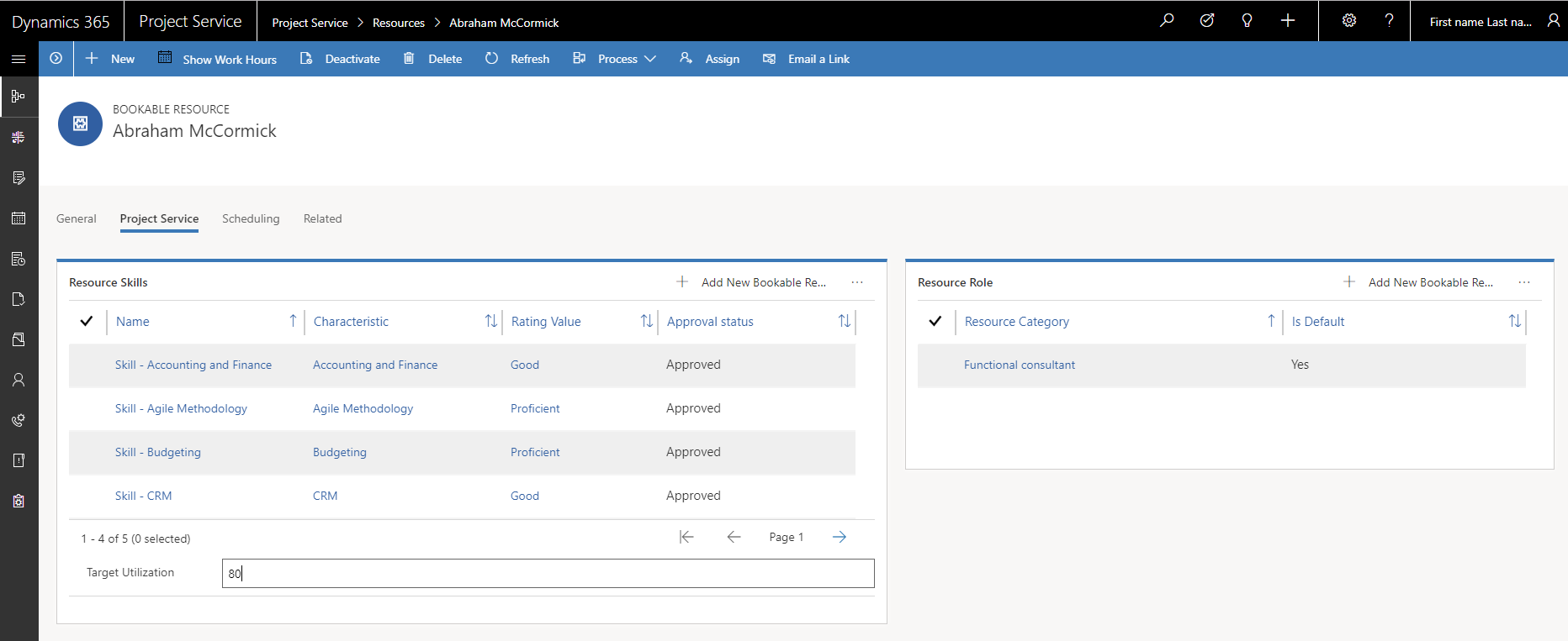 Screenshot of using the Project Service tab to set target utilization.