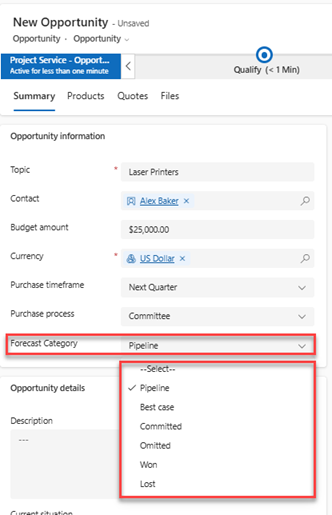 Capture forecast category on an opportunity