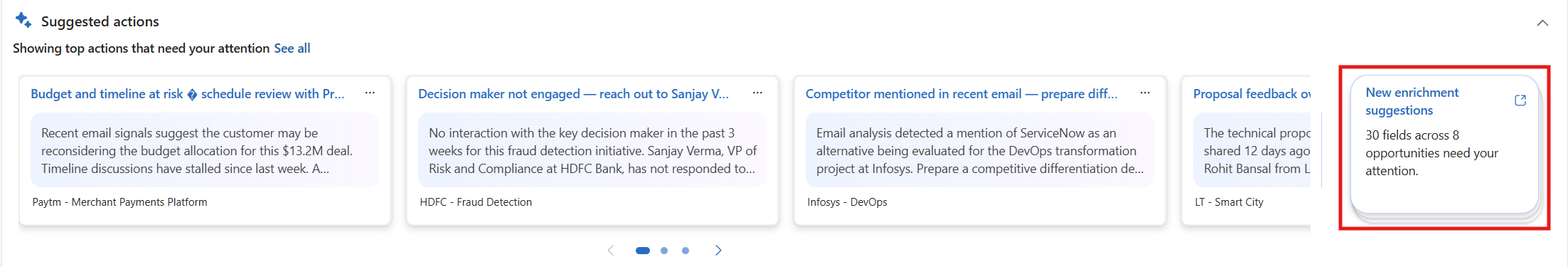 Screenshot of the Suggested actions carousel showing stacked cards for Data Enrichment suggestions for multiple opportunities