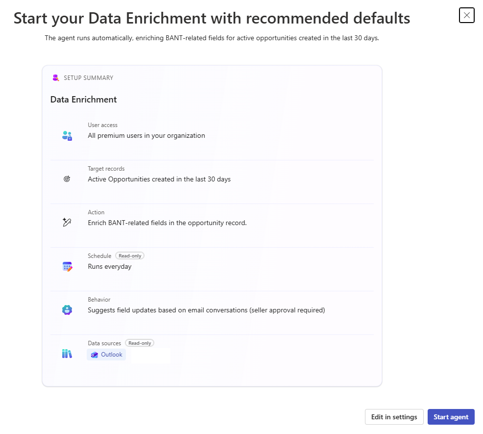 Screenshot of the Data Enrichment quick setup dialog box with recommended default settings.