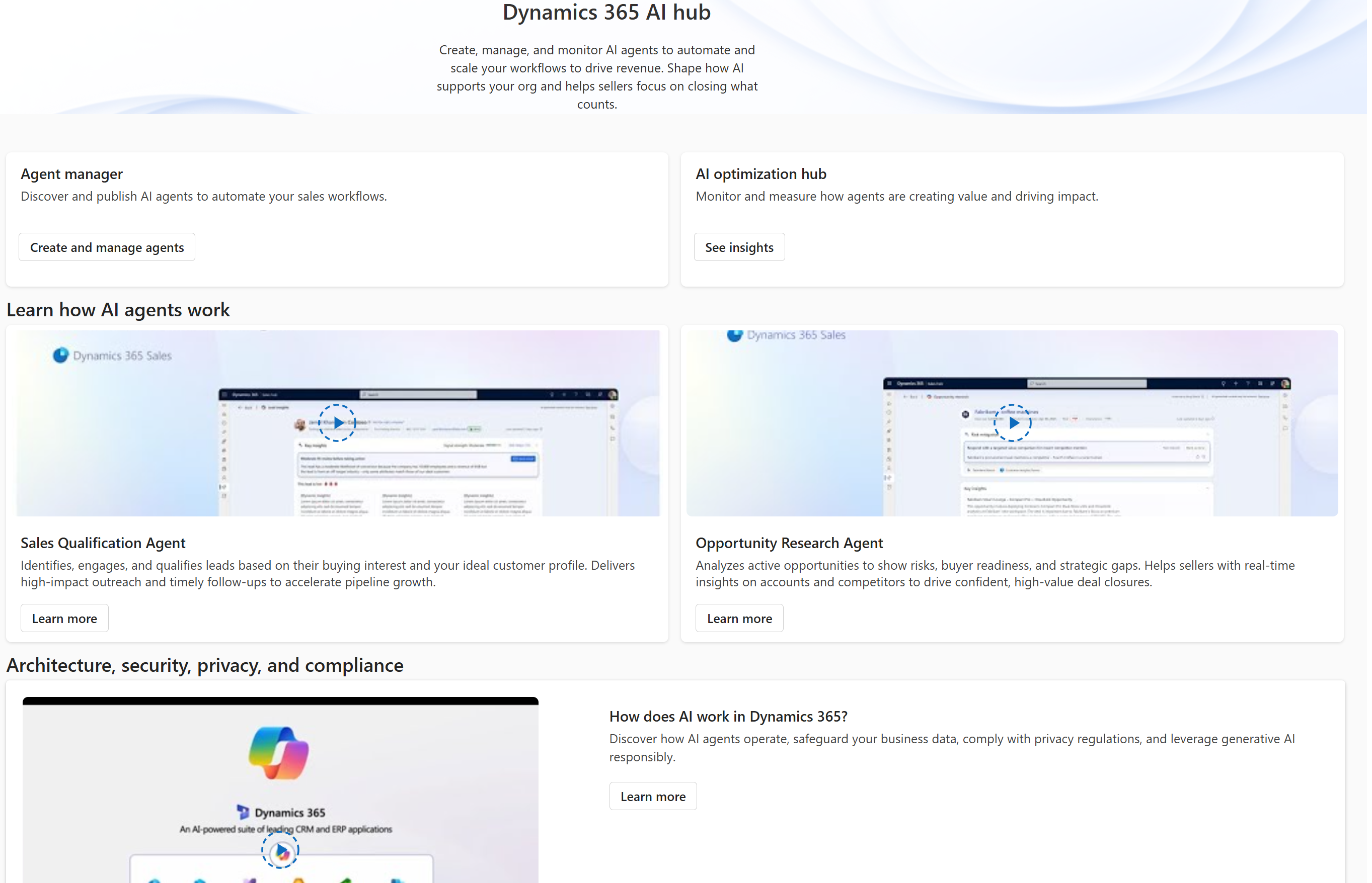Screenshot of the Dynamics 365 AI Hub interface.