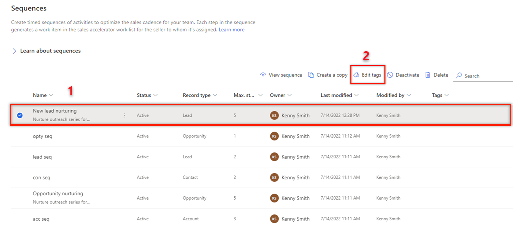 Screenshot of selecting Edit tags for a sequence.