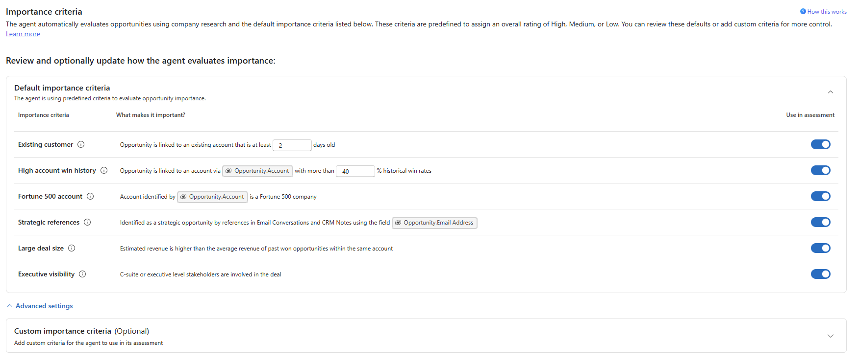 Screenshot showing the importance criteria section in the Sales Opportunity Agent configuration page.