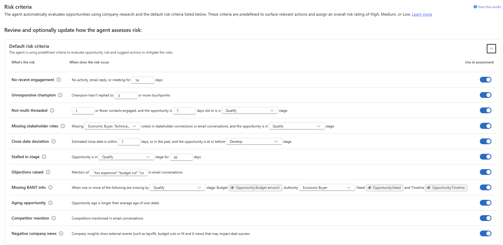 Screenshot showing the risk criteria section in the Sales Opportunity Agent configuration page.