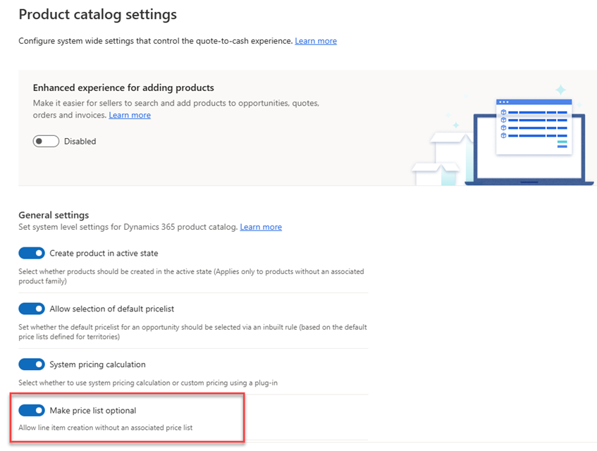 Option to make selection of price list optional in Product Catalog Settings