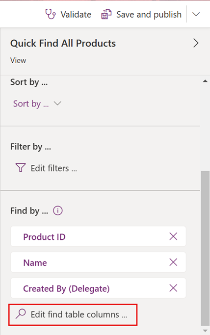 Screenshot of the Find by section in the right pane with the Edit find table column highlighted.