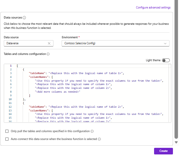 Screenshot of the data sources settings for tables and columns in business function.