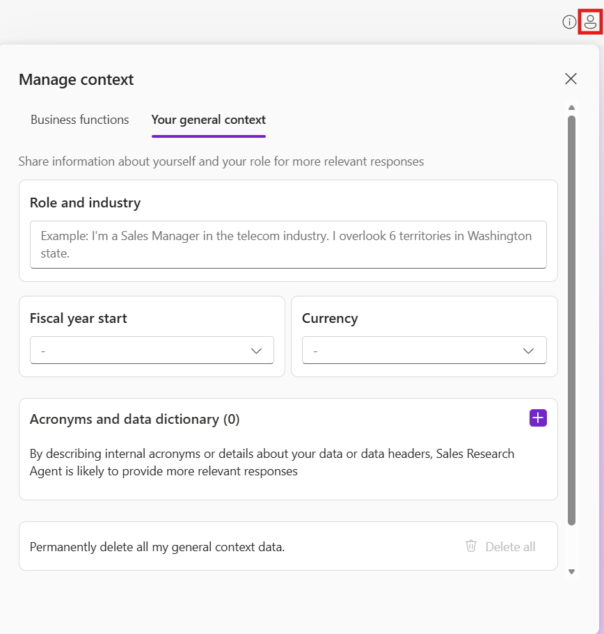 Screenshot of the Manage your context icon and the context settings.