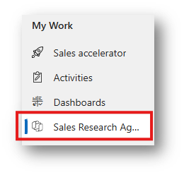 Screenshot of the Sales Research Agent navigation in the Sales Hub app.