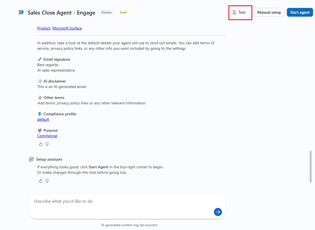 Assisted setup page showing the option to test the agent.